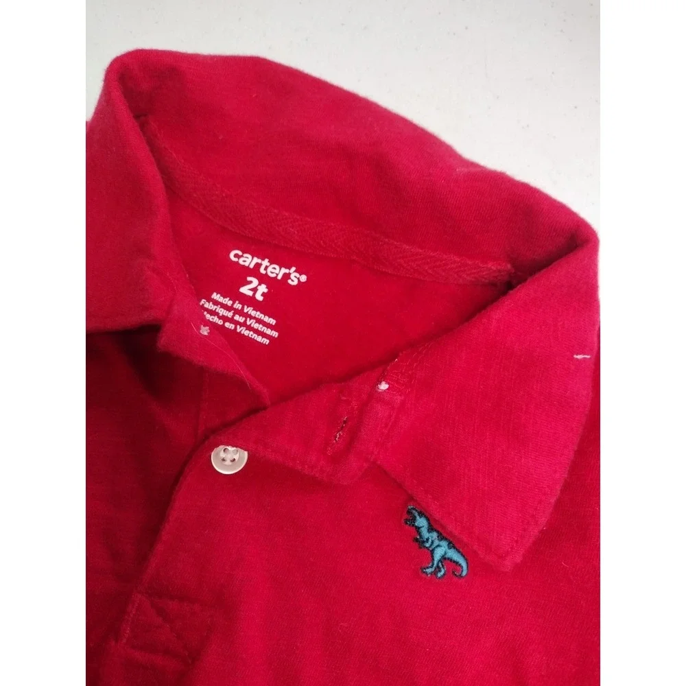 Carters Toddler Boy 2T Red Long Sleeve Polo &‎ Dinosaur Print Khaki Pants Set